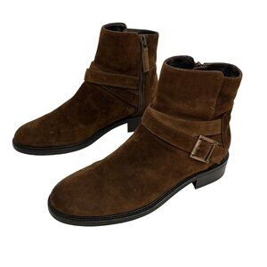 Aquatalia Bree Suede Buckle Strap Moto Ankle Boots Womens 7 Brown Made In Italy